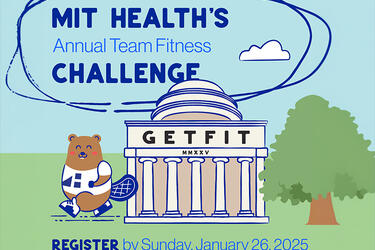 illustration of an MIT building and mascot Tim the Beaver and text, 'MIT Health’s Annual Team Fitness Challenge, register by Sunday, January 26'